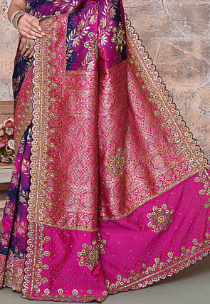 Woven Art Silk Scalloped Saree in Pink and Navy Blue