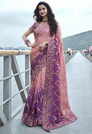 Woven Art Silk Scalloped Saree in Pink and Purple Shaded