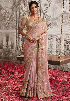 Woven Art Silk Scalloped Saree in Pink