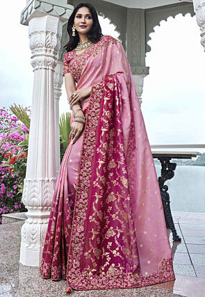 Woven Art Silk Scalloped Saree in Pink