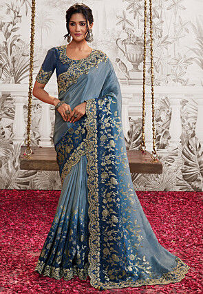 Woven Art Silk Scalloped Saree in Shaded Blue