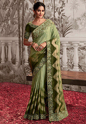 Woven Art Silk Scalloped Saree in Shaded Green