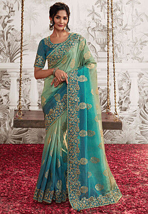 Woven Art Silk Scalloped Saree in Shaded Pastel Green and Blue