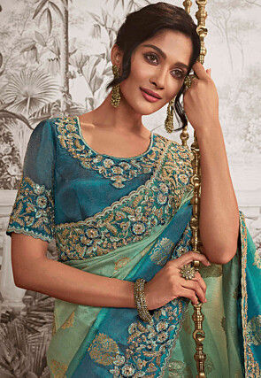 Woven Art Silk Scalloped Saree in Shaded Pastel Green and Blue