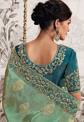 Woven Art Silk Scalloped Saree in Shaded Pastel Green and Blue