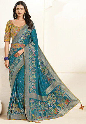 Woven Art Silk Scalloped Saree in Teal Blue