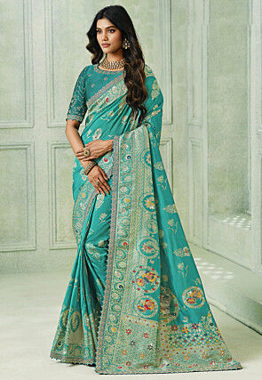 Woven Art Silk Scalloped Saree in Turquoise