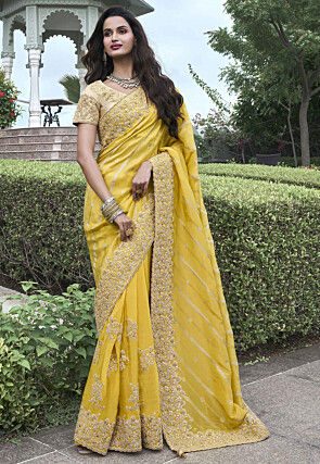Woven Art Silk Scalloped Saree in Yellow