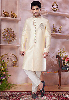 Woven Art Silk Sherwani in Beige
