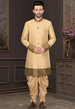 Woven Art Silk Sherwani in Beige