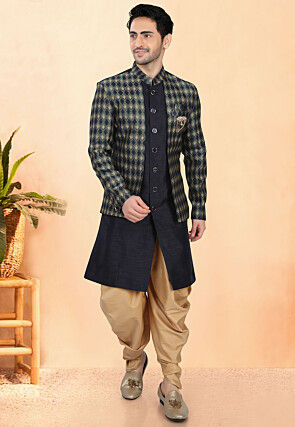 Woven Art Silk Sherwani in Black and Multicolor