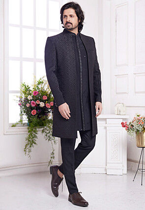 Woven Art Silk Sherwani in Black