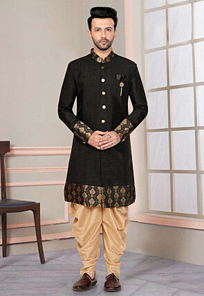 Woven Art Silk Sherwani in Black
