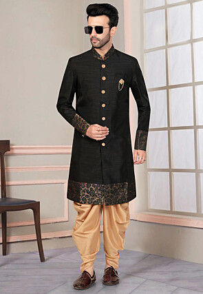 Woven Art Silk Sherwani in Black