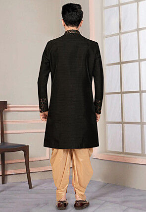 Woven Art Silk Sherwani in Black