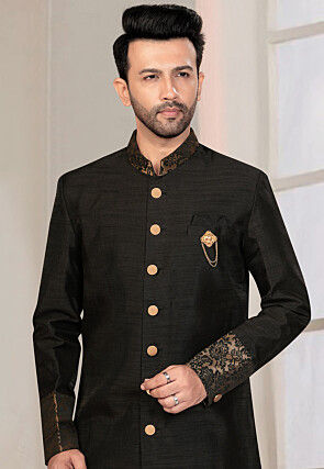 Woven Art Silk Sherwani in Black