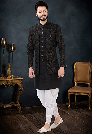 Woven Art Silk Sherwani in Black