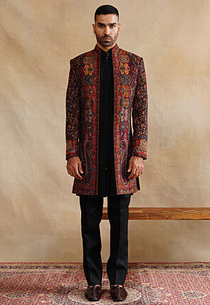 Woven Art Silk Sherwani in Black
