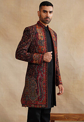 Woven Art Silk Sherwani in Black