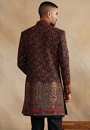 Woven Art Silk Sherwani in Black