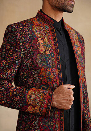 Woven Art Silk Sherwani in Black