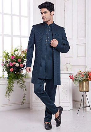 Woven Art Silk Sherwani in Blue