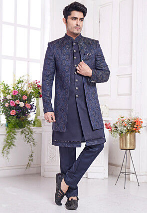 Woven Art Silk Sherwani in Blue