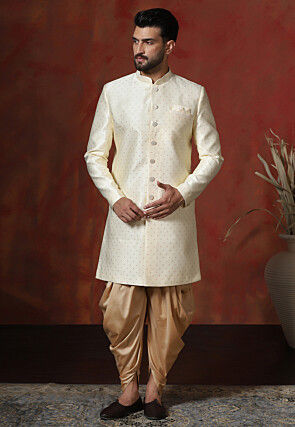 Woven Art Silk Sherwani in Cream