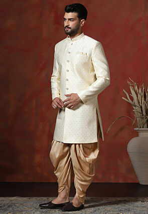Woven Art Silk Sherwani in Cream
