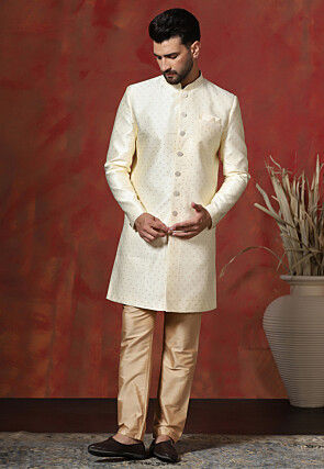 Woven Art Silk Sherwani in Cream