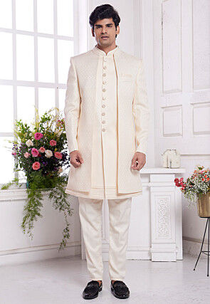 Woven Art Silk Sherwani in Cream