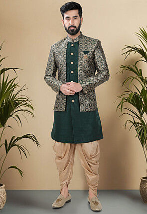 Woven Art Silk Sherwani in Dark Green