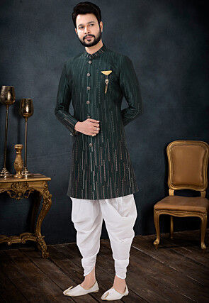 Woven Art Silk Sherwani in Dark Green