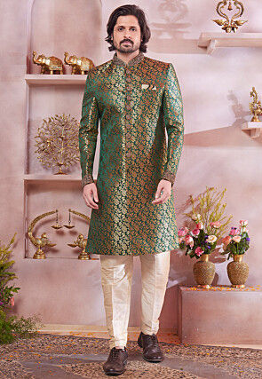 Woven Art Silk Sherwani in Green