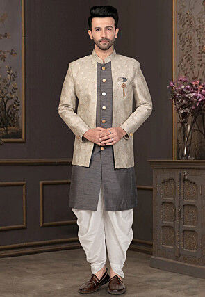 Woven Art Silk Sherwani in Grey