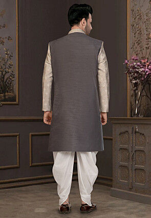 Woven Art Silk Sherwani in Grey