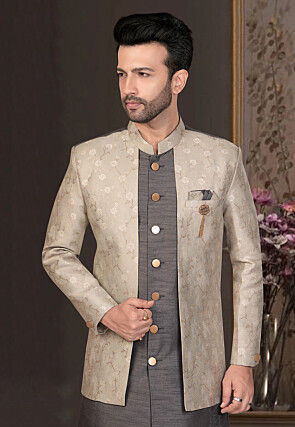 Woven Art Silk Sherwani in Grey
