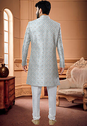 Woven Art Silk Sherwani in Grey