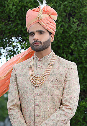 Woven Satin Sherwani in Light Peach