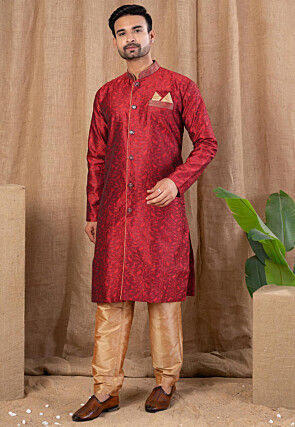 Woven Art Silk Sherwani in Maroon