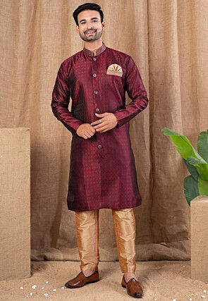 Woven Art Silk Sherwani in Maroon