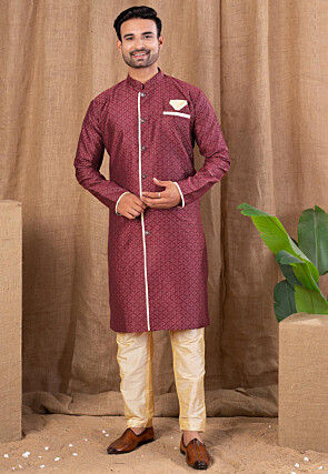 Woven Art Silk Sherwani in Maroon