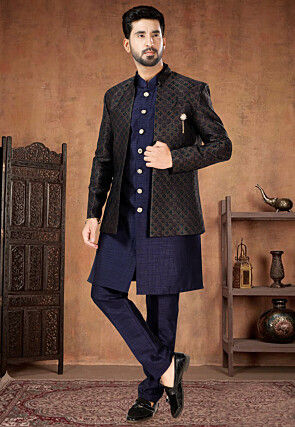 Woven Art Silk Sherwani in Navy Blue and Golden, Navy Blue and Green