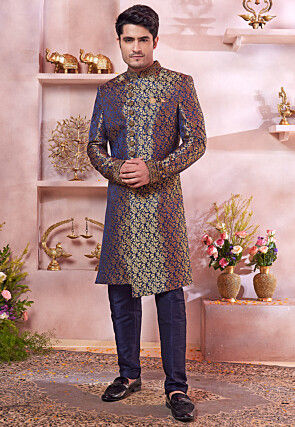 Woven Art Silk Sherwani in Navy Blue