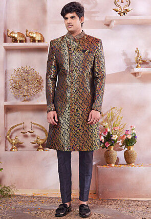 Woven Art Silk Sherwani in Navy Blue