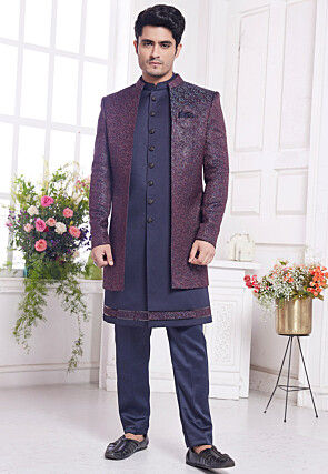 Woven Art Silk Sherwani in Navy Blue