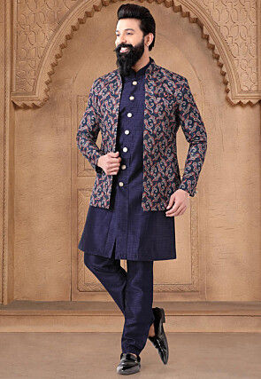 Woven Art Silk Sherwani in Navy Blue