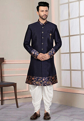Woven Art Silk Sherwani in Navy Blue
