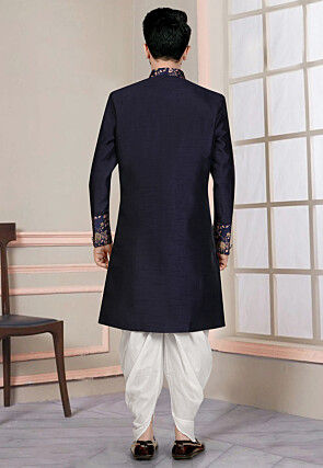 Woven Art Silk Sherwani in Navy Blue