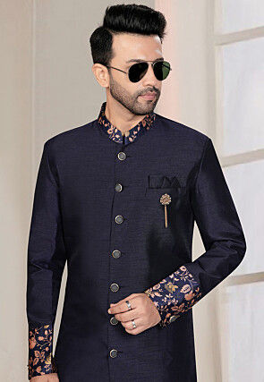 Woven Art Silk Sherwani in Navy Blue
